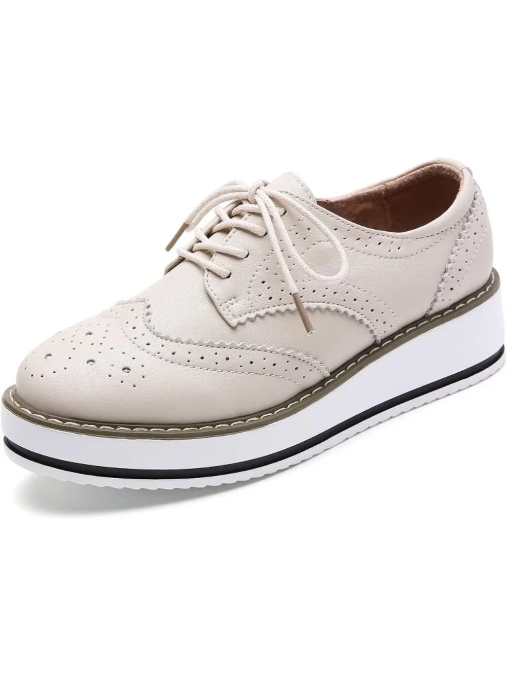 Women's Beige Round Toe Lace Up Leather Oxford Shoes Wingtip White Platform